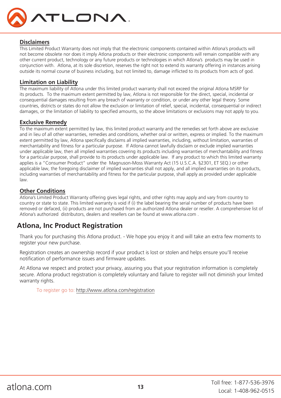 Atlona, inc product registration | Atlona AT HDTX WP User Manual | Page 13 / 13