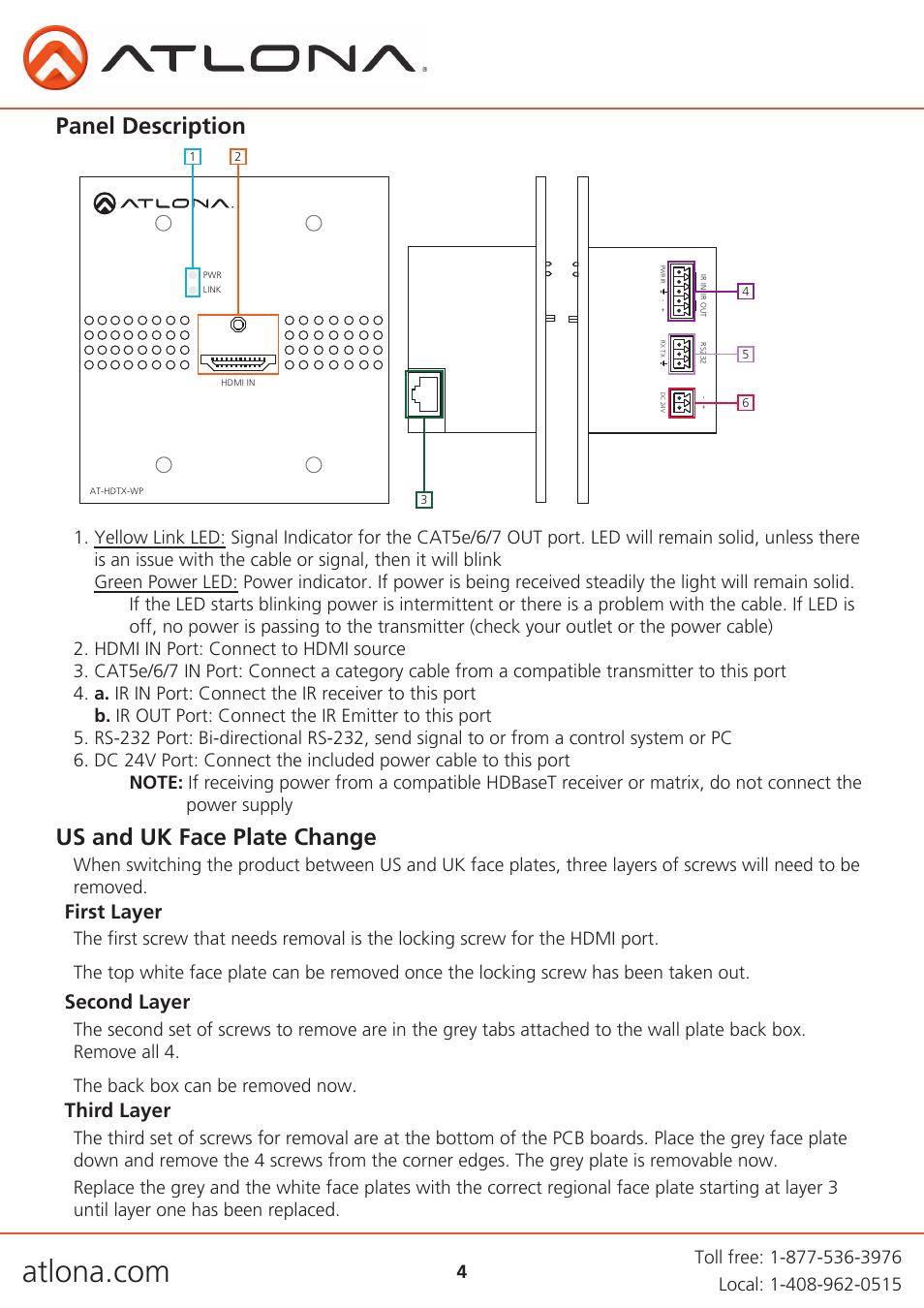 Us and uk face plate change, Panel description, First layer second layer third layer | Atlona AT HDTX WP User Manual | Page 4 / 13