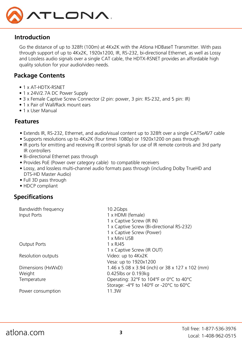 Introduction, Package contents features, Specifications | Atlona AT HDTX RSNET User Manual | Page 3 / 9