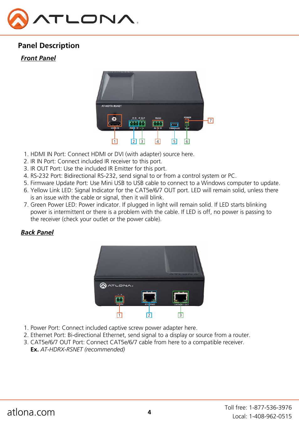 Panel description, Front panel, Back panel | Atlona AT HDTX RSNET User Manual | Page 4 / 9