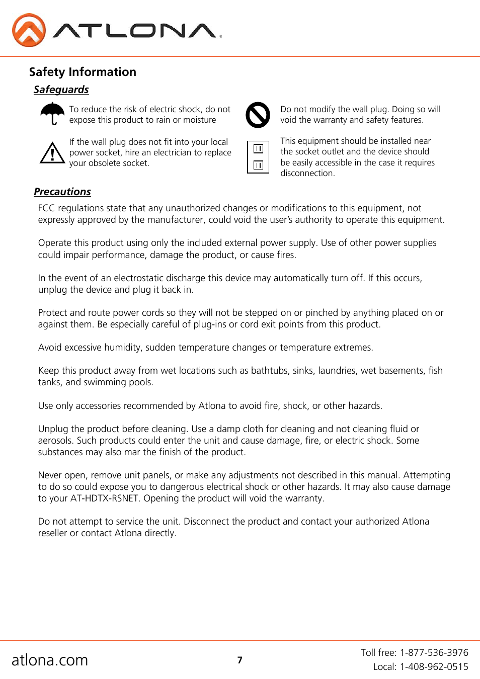 Safety information | Atlona AT HDTX RSNET User Manual | Page 7 / 9