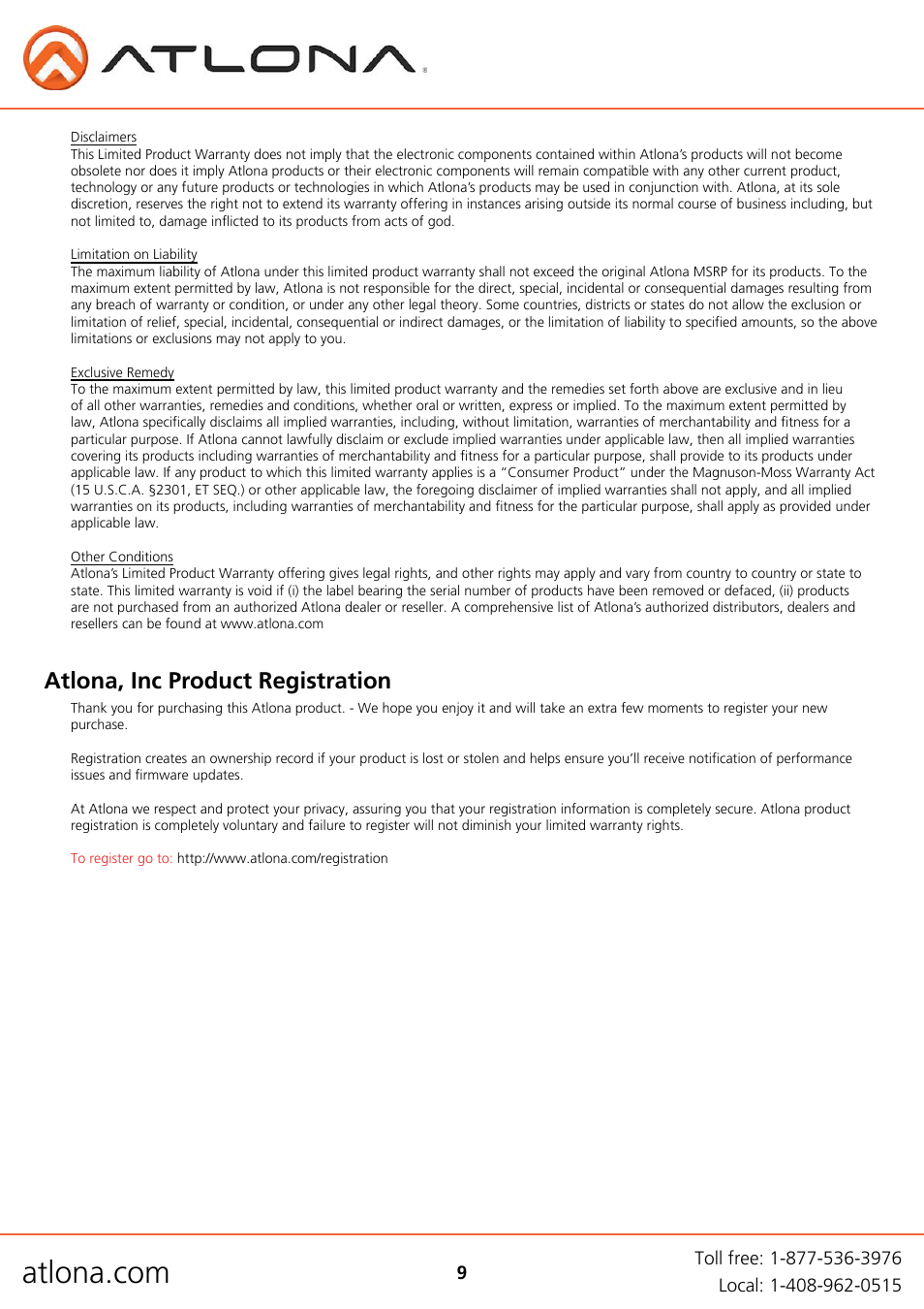 Atlona, inc product registration | Atlona AT HDTX RSNET User Manual | Page 9 / 9