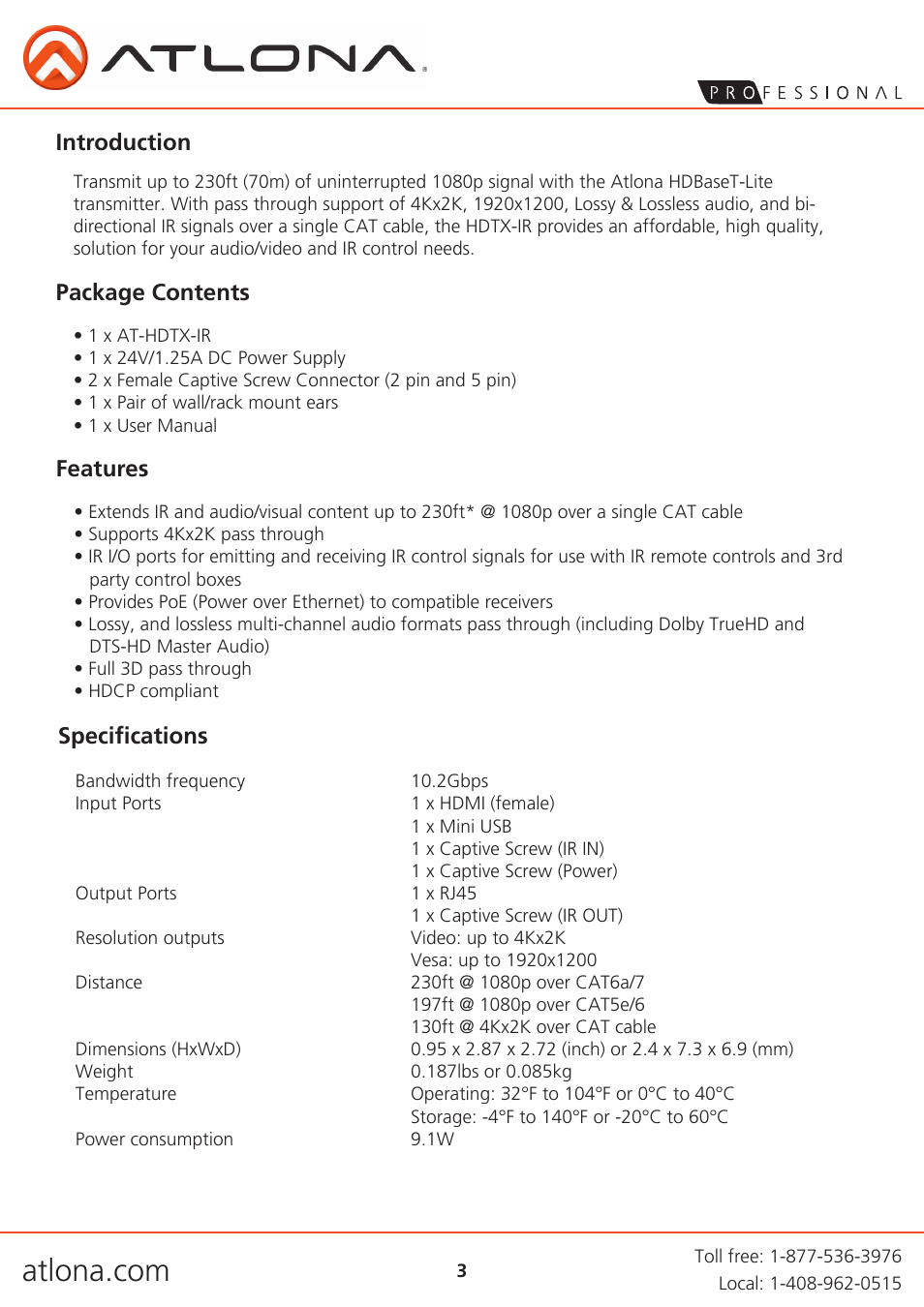 Introduction, Package contents features, Specifications | Atlona AT HDTX IR User Manual | Page 3 / 9
