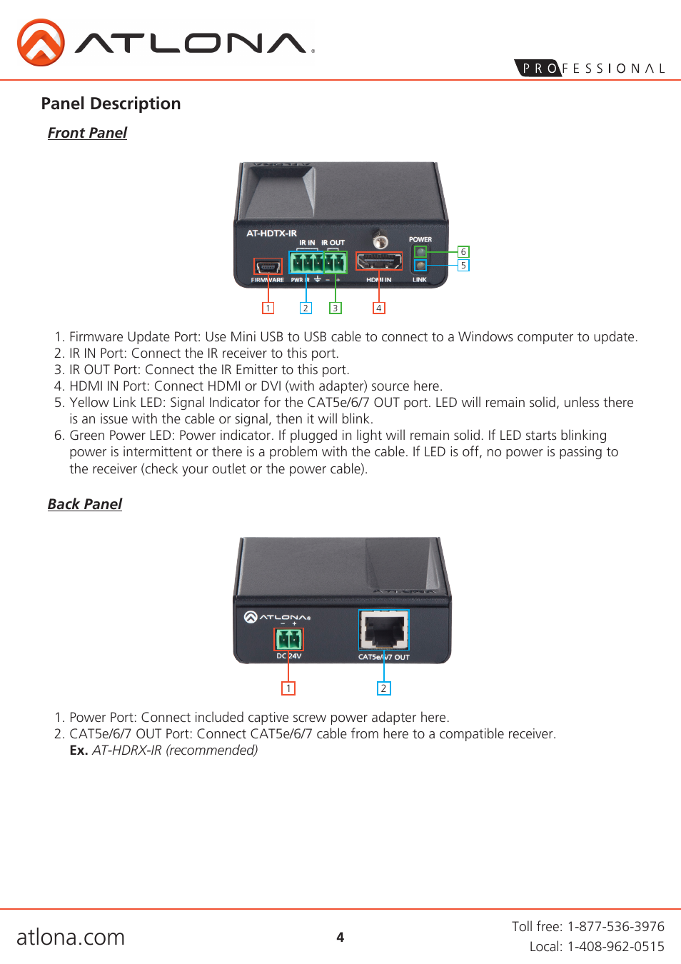 Panel description | Atlona AT HDTX IR User Manual | Page 4 / 9