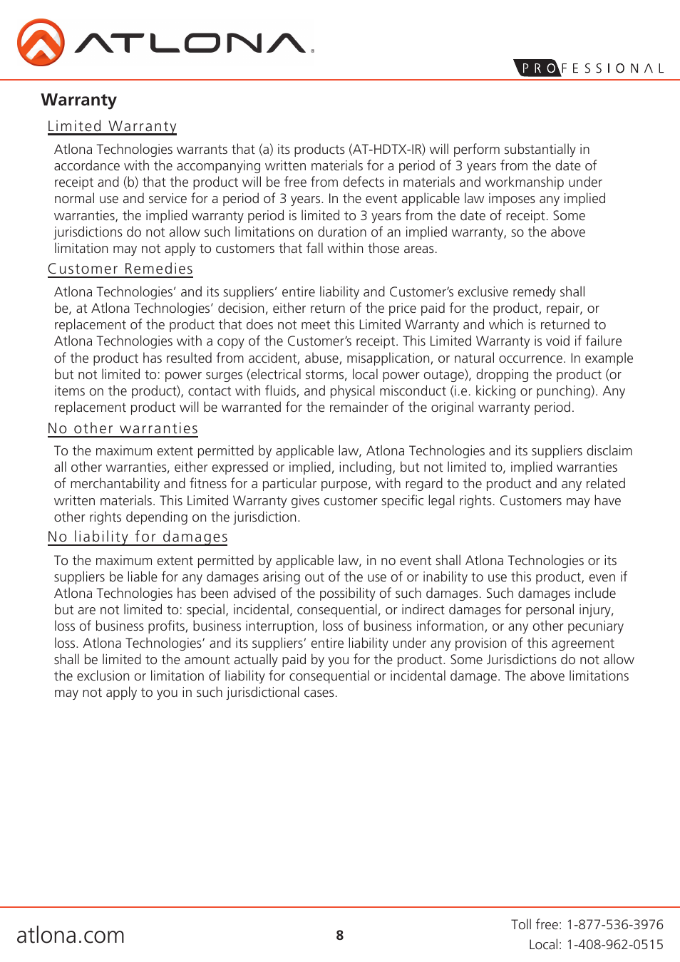 Atlona AT HDTX IR User Manual | Page 8 / 9