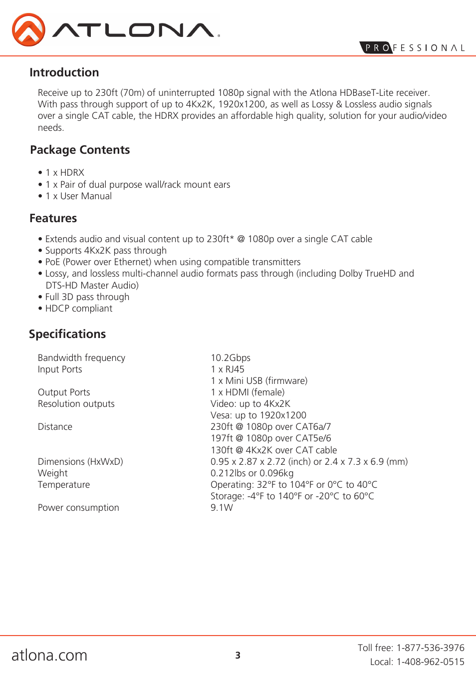 Introduction, Package contents features, Specifications | Atlona AT HDRX User Manual | Page 3 / 8