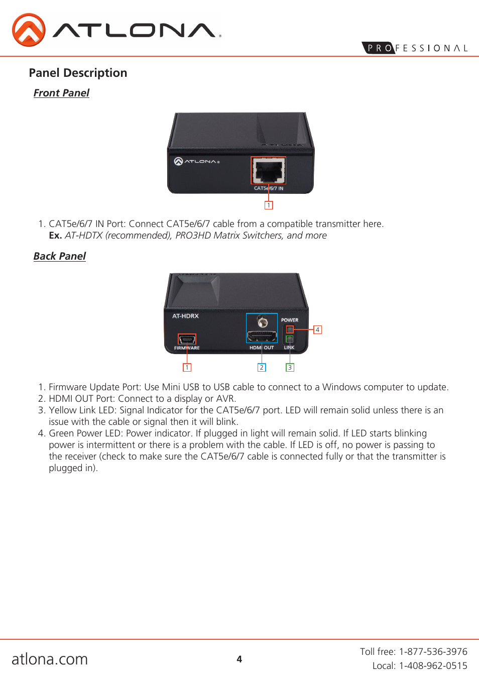 Panel description | Atlona AT HDRX User Manual | Page 4 / 8