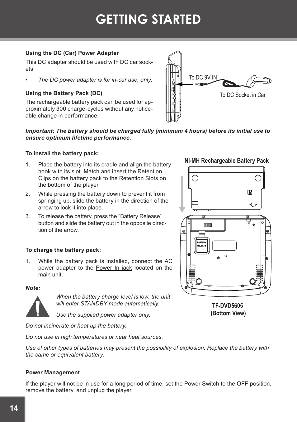 Using the dc (car) power adapter, Using the battery pack (dc), Getting started | Ni-mh rechargeable battery pack | COBY TF-DVD5605 User Manual | Page 14 / 28