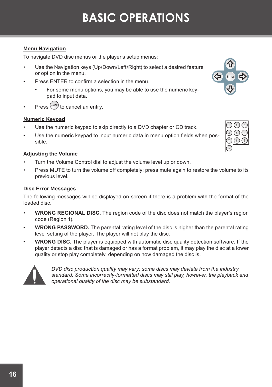 Menu navigation, Numeric keypad, Adjusting the volume | Disc error messages, Basic operations | COBY TF-DVD5605 User Manual | Page 16 / 28