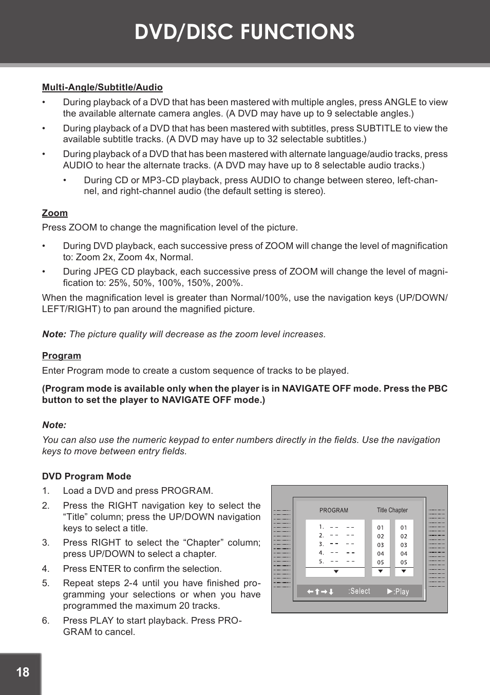 Multi-angle/subtitle/audio, Zoom, Program | Dvd program mode, Dvd/disc functions | COBY TF-DVD5605 User Manual | Page 18 / 28