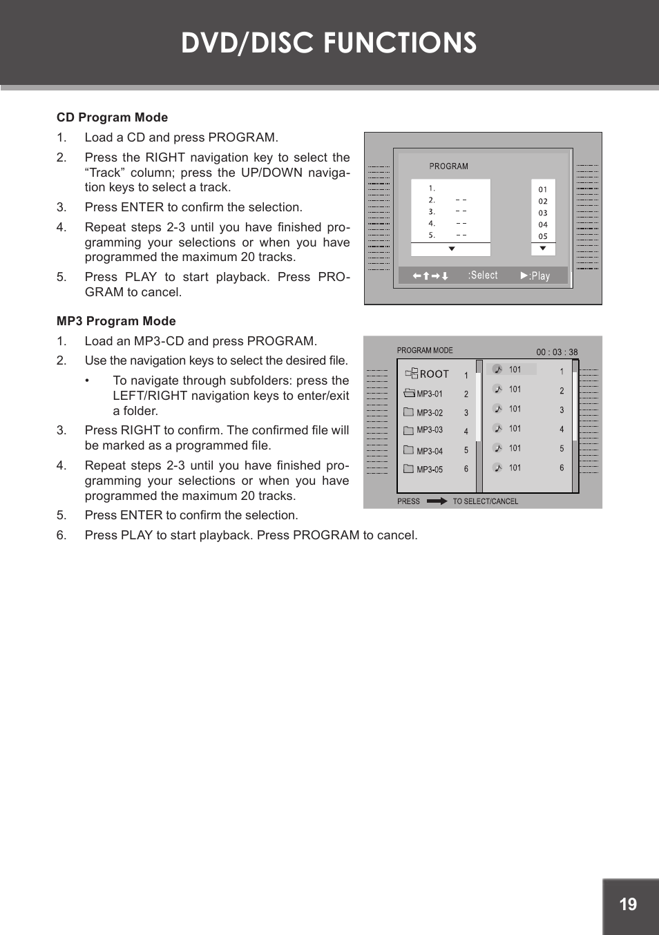 Cd program mode, Mp3 program mode, Dvd/disc functions | COBY TF-DVD5605 User Manual | Page 19 / 28