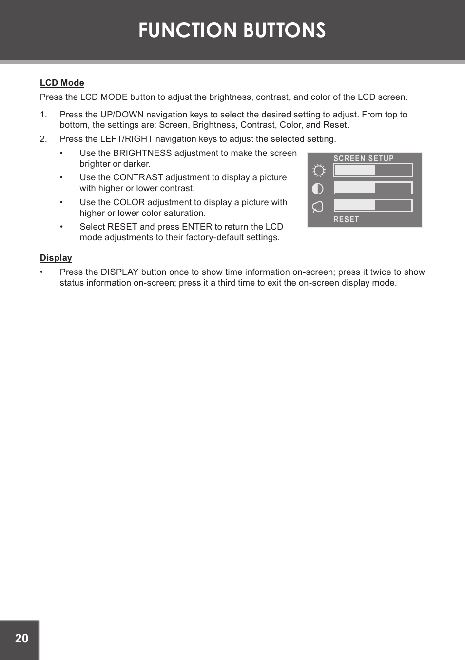 Function buttons, Lcd mode, Display | COBY TF-DVD5605 User Manual | Page 20 / 28