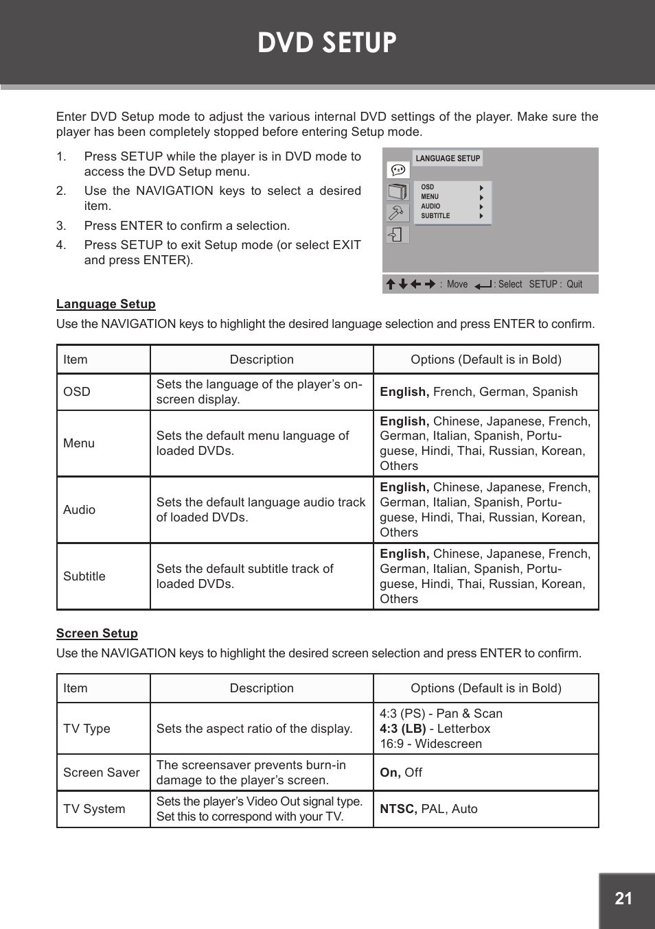 Dvd setup, Language setup, Screen setup | COBY TF-DVD5605 User Manual | Page 21 / 28
