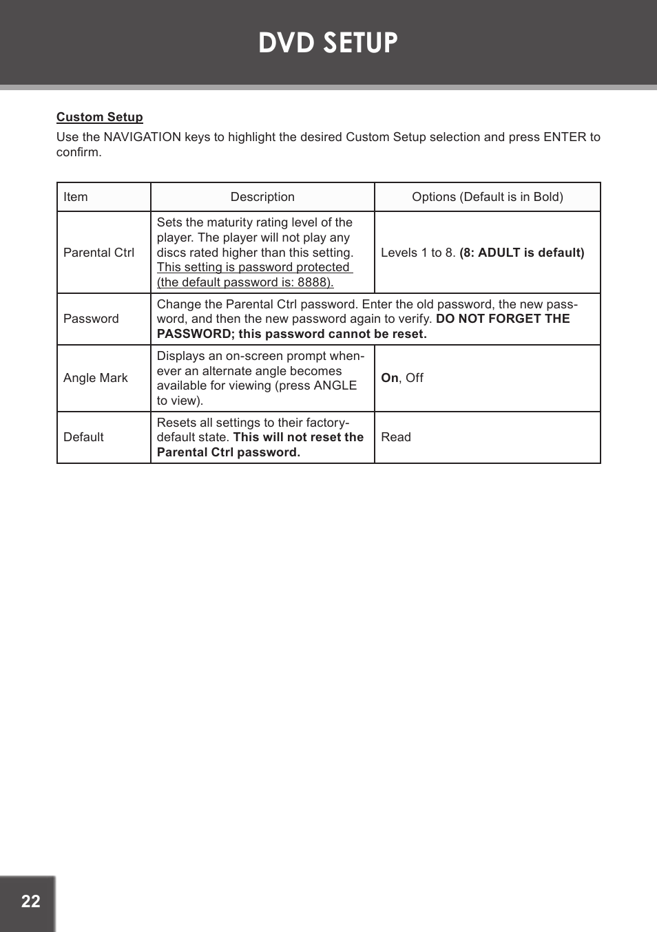 Custom setup, Dvd setup | COBY TF-DVD5605 User Manual | Page 22 / 28