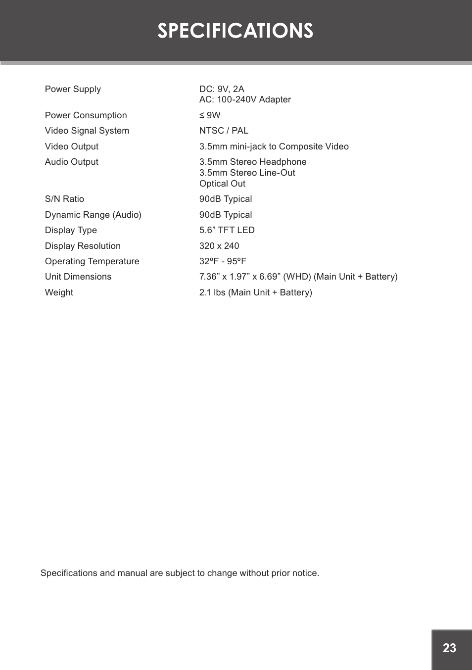 Specifications | COBY TF-DVD5605 User Manual | Page 23 / 28