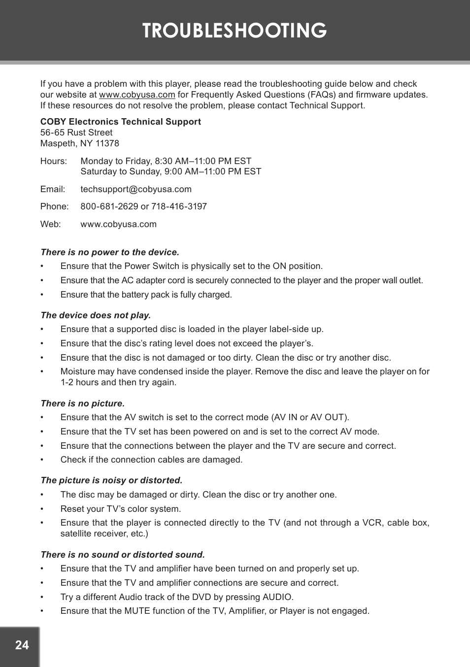 Troubleshooting | COBY TF-DVD5605 User Manual | Page 24 / 28