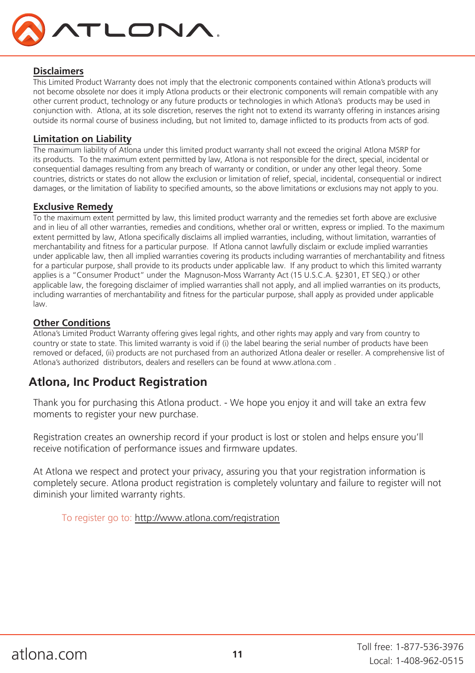 Atlona, inc product registration | Atlona AT HDRX RSNET User Manual | Page 11 / 11