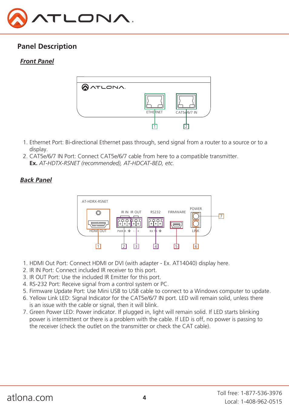 Panel description, Front panel, Back panel | Atlona AT HDRX RSNET User Manual | Page 4 / 11