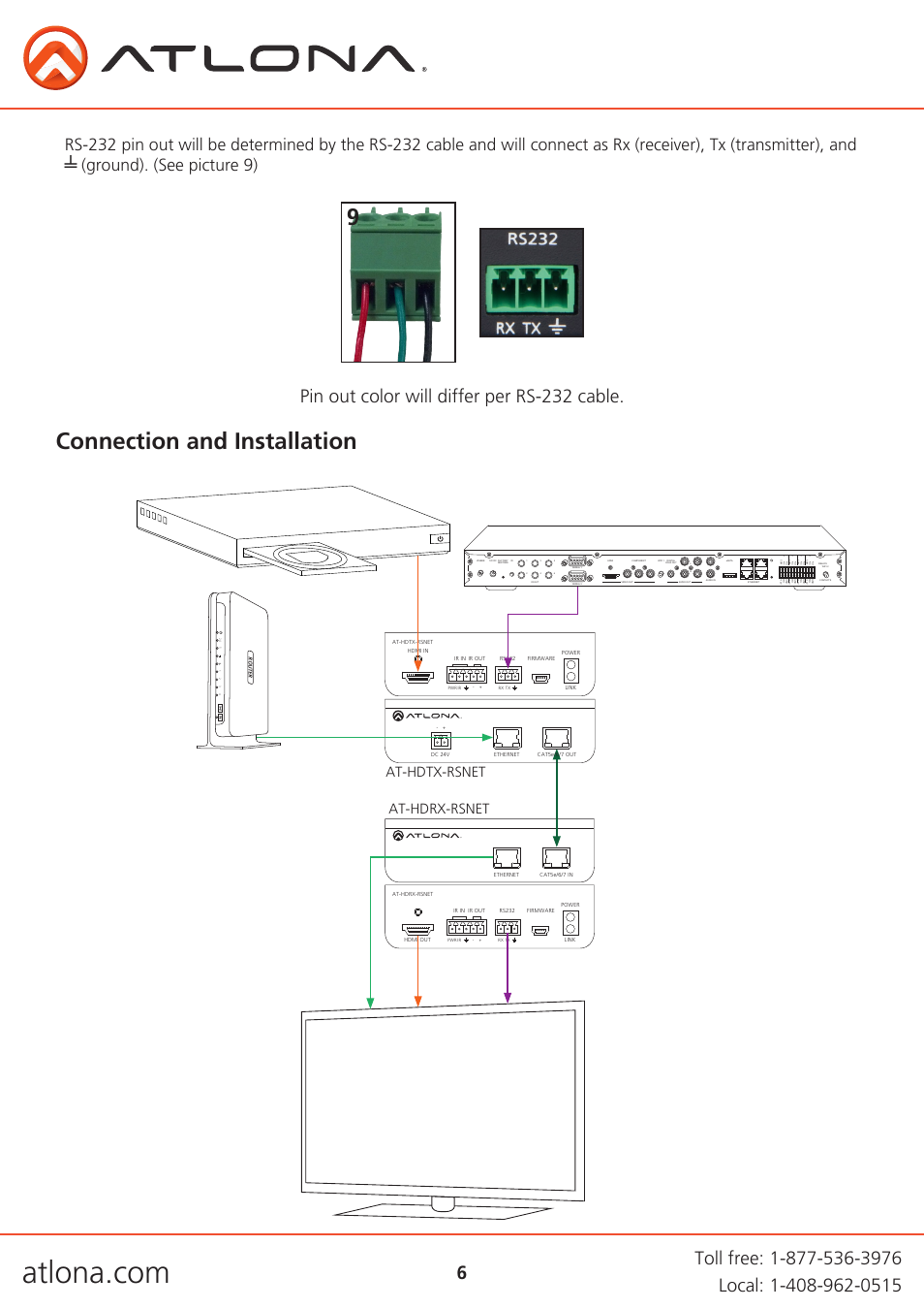 Connection and installation, Pin out color will differ per rs-232 cable, At-hdtx-rsnet at-hdrx-rsnet | Atlona AT HDRX RSNET User Manual | Page 6 / 11