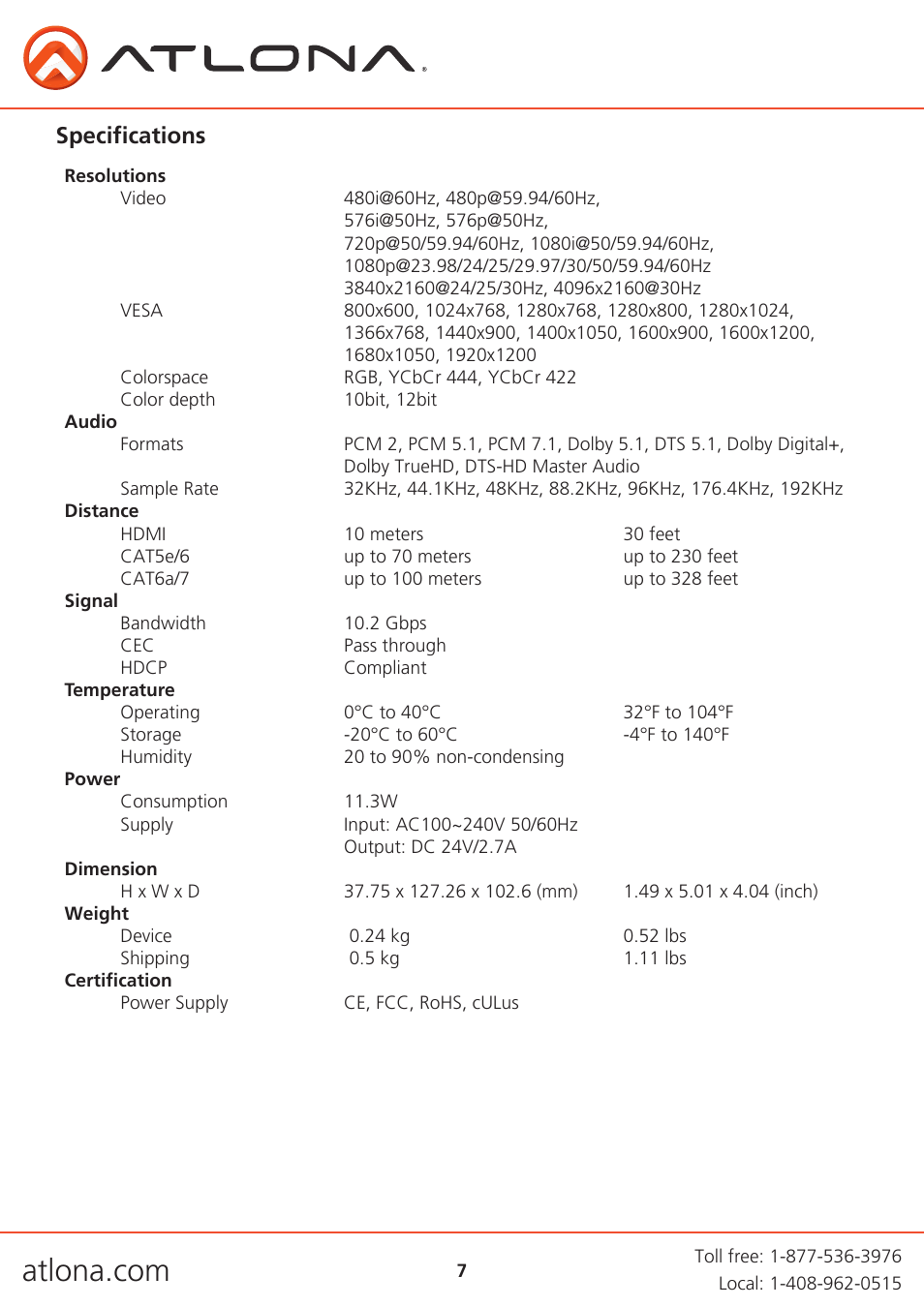 Specifications | Atlona AT HDRX RSNET User Manual | Page 7 / 11