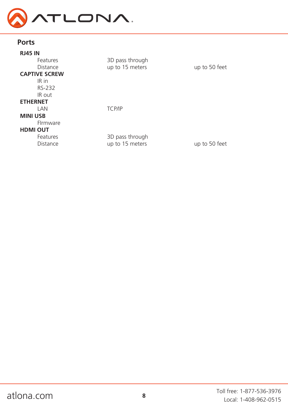 Ports | Atlona AT HDRX RSNET User Manual | Page 8 / 11