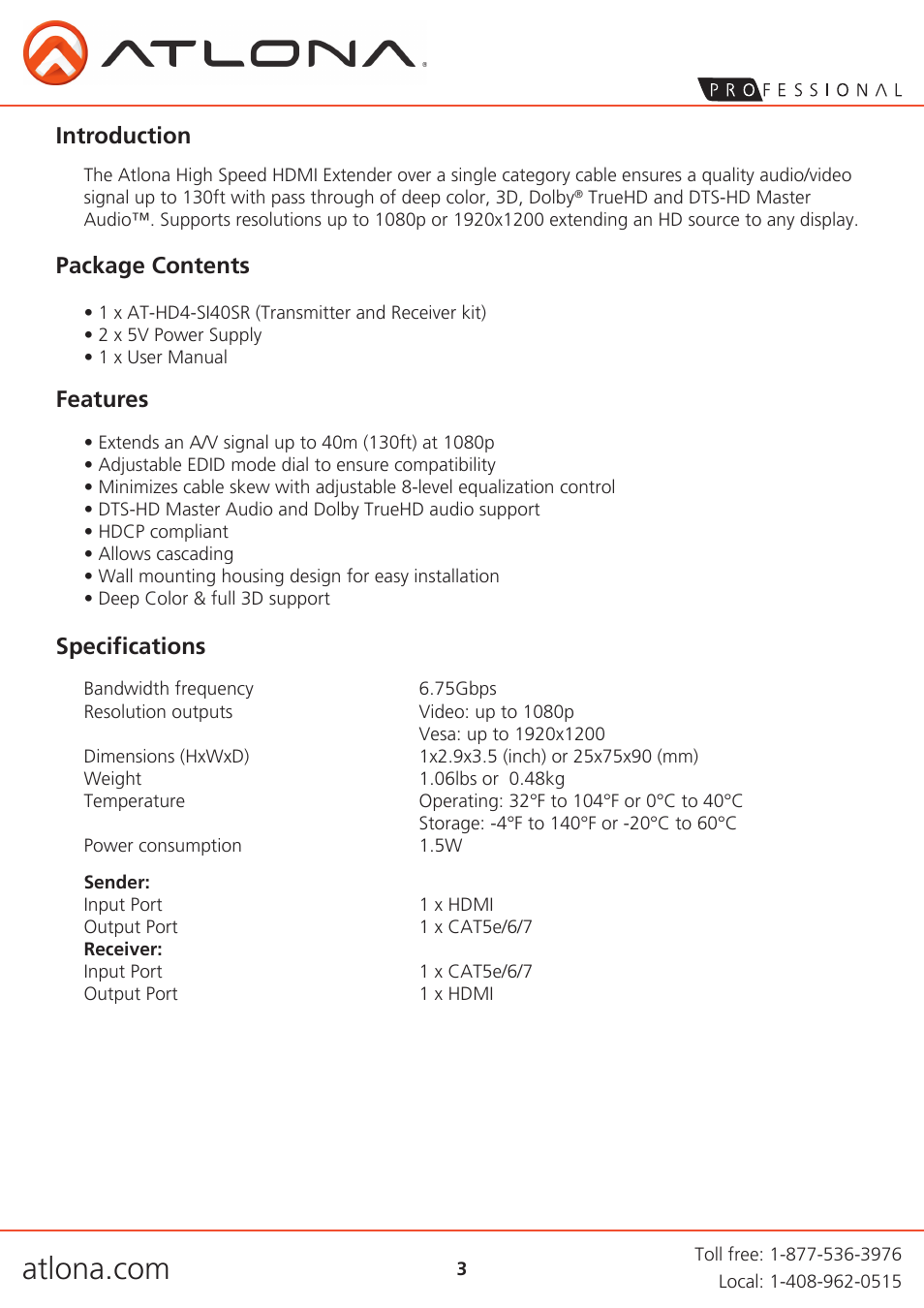 Introduction, Package contents features, Specifications | Atlona AT HD4 SI40SR V3 User Manual | Page 3 / 9