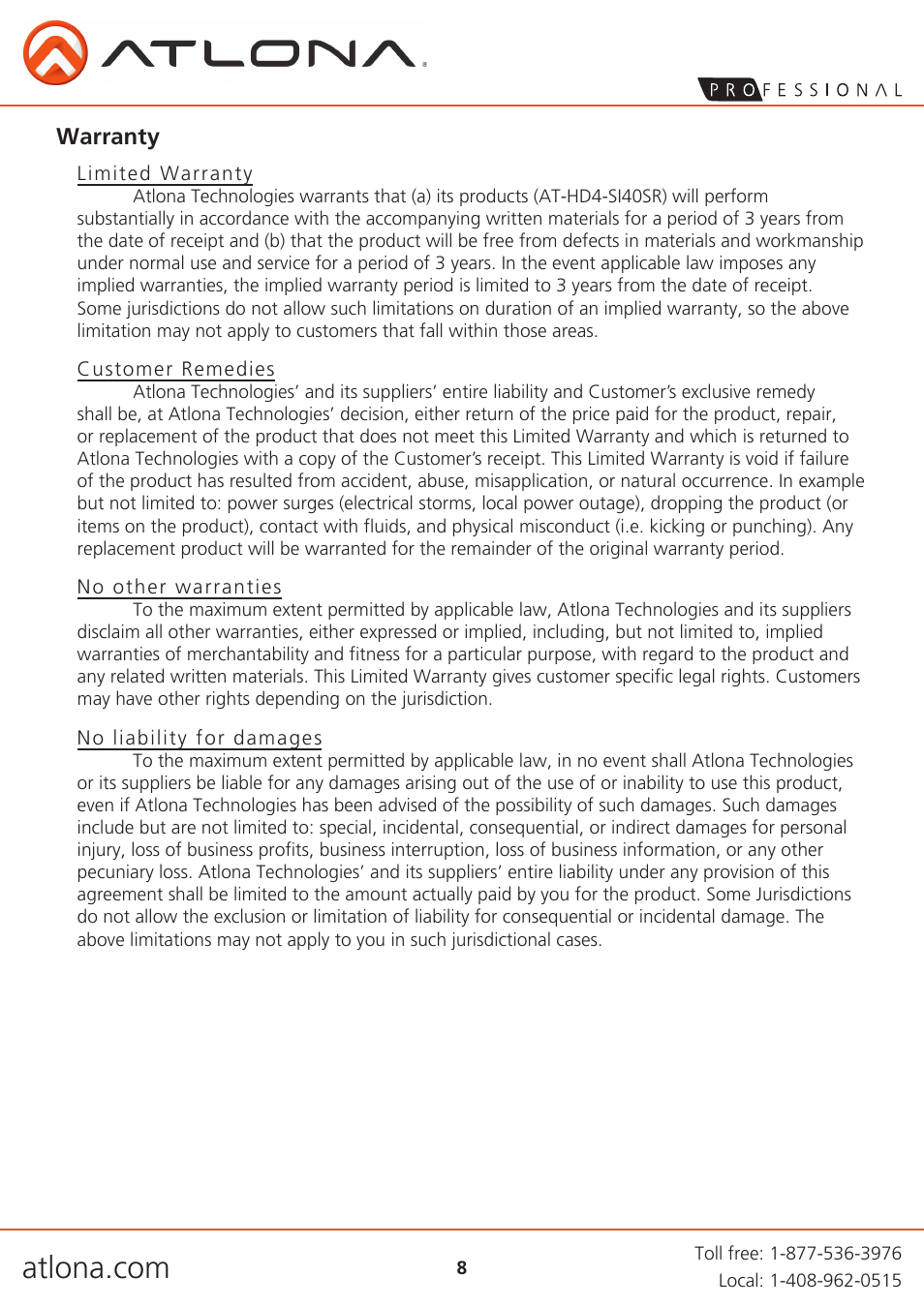 Warranty | Atlona AT HD4 SI40SR V3 User Manual | Page 8 / 9