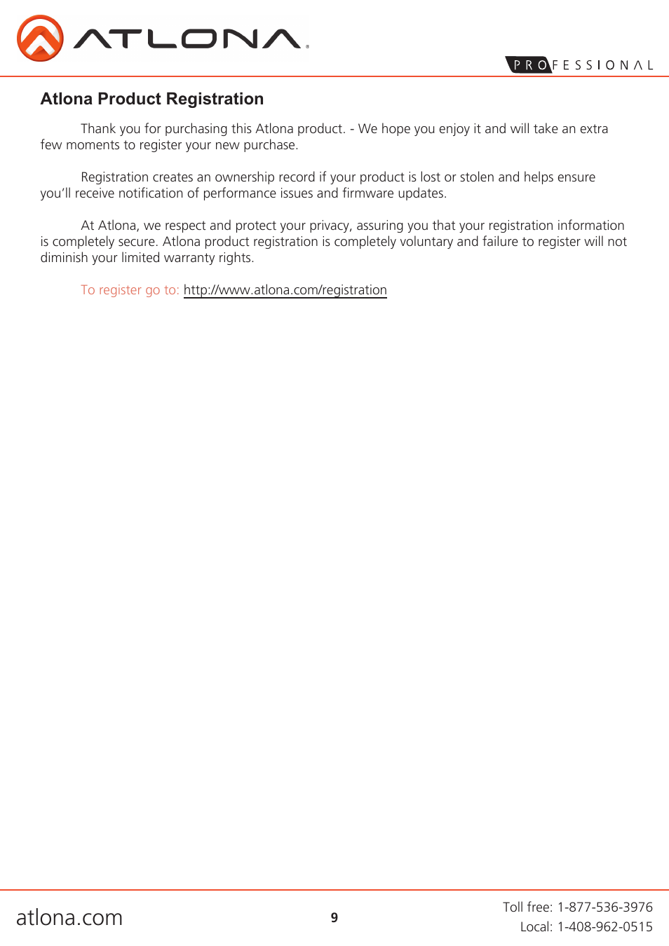 Atlona product registration | Atlona AT HD4 SI40SR V3 User Manual | Page 9 / 9