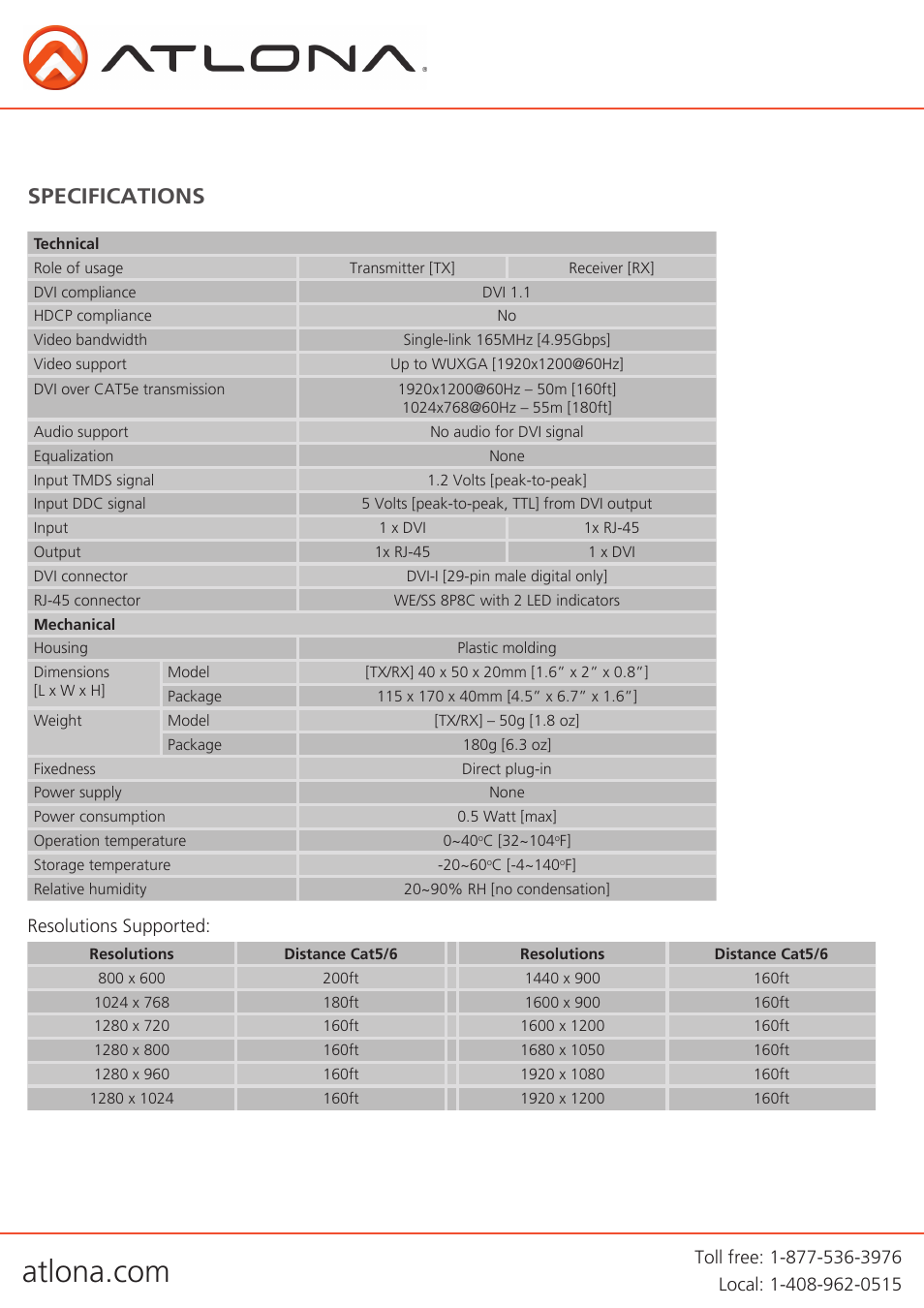 Specifications | Atlona AT DVI60SRS User Manual | Page 4 / 8