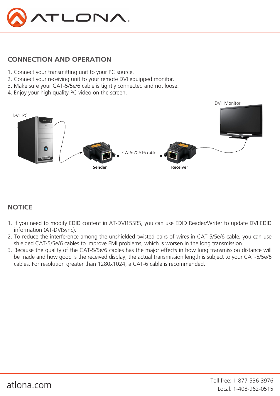 Connection and operation, Notice | Atlona AT DVI15SRS User Manual | Page 4 / 7