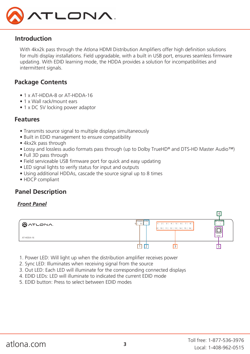 Introduction, Package contents features, Panel description | Front panel | Atlona AT HDDA 8-16 V1 User Manual | Page 3 / 10