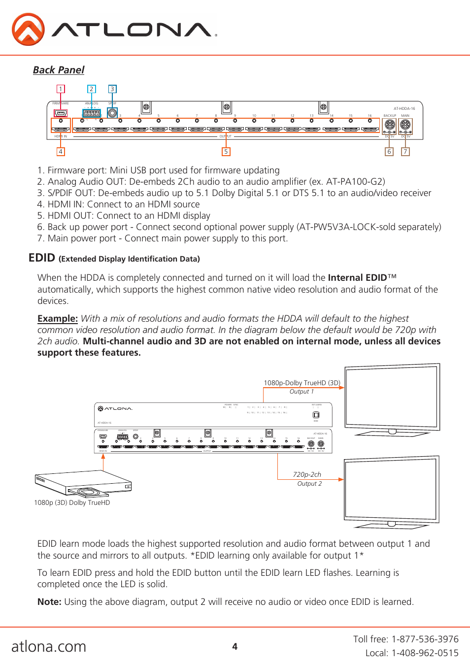 Edid, Back panel, Extended display identification data) | Output 2, Output 1 | Atlona AT HDDA 8-16 V1 User Manual | Page 4 / 10