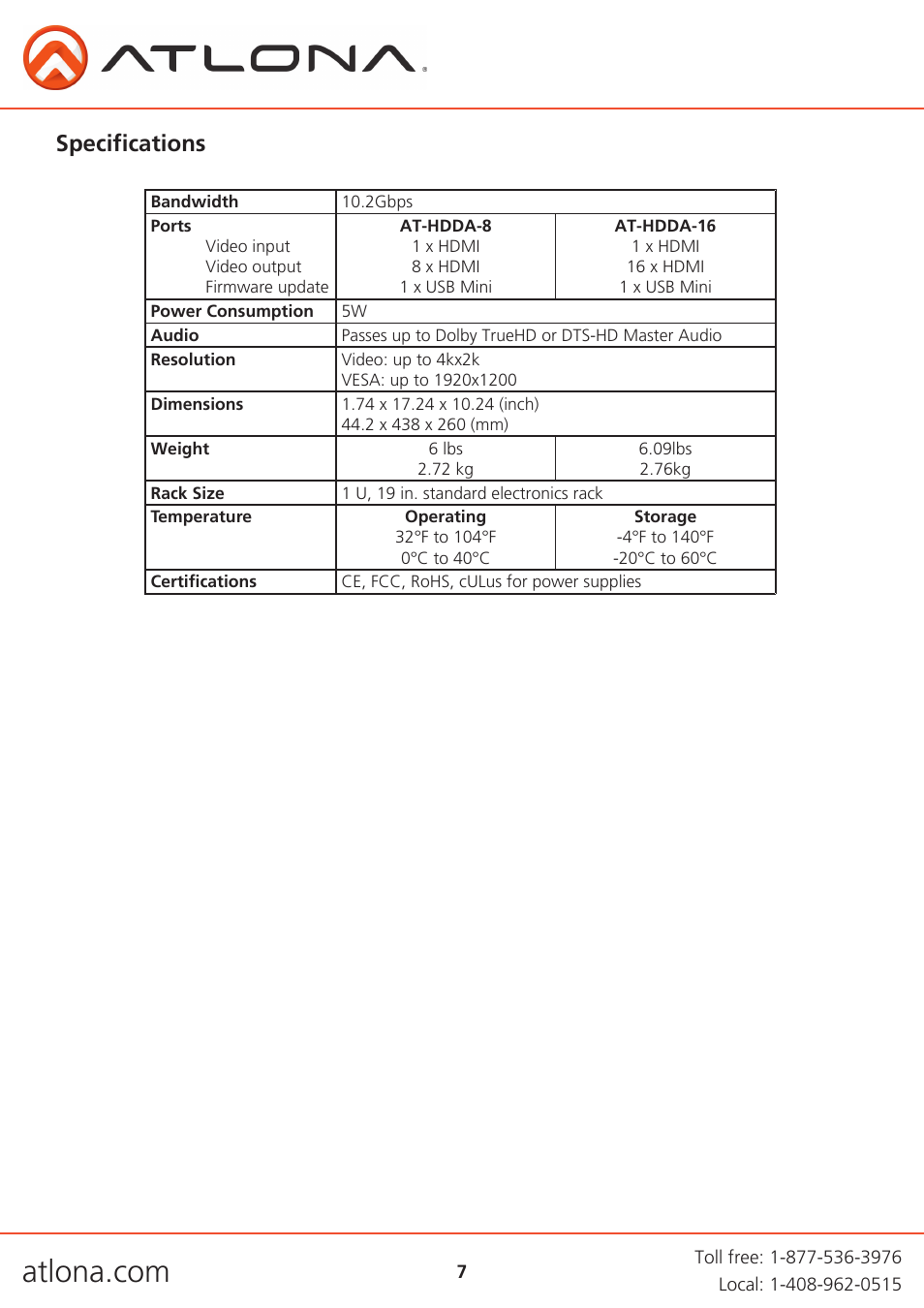 Specifications | Atlona AT HDDA 8-16 V1 User Manual | Page 7 / 10