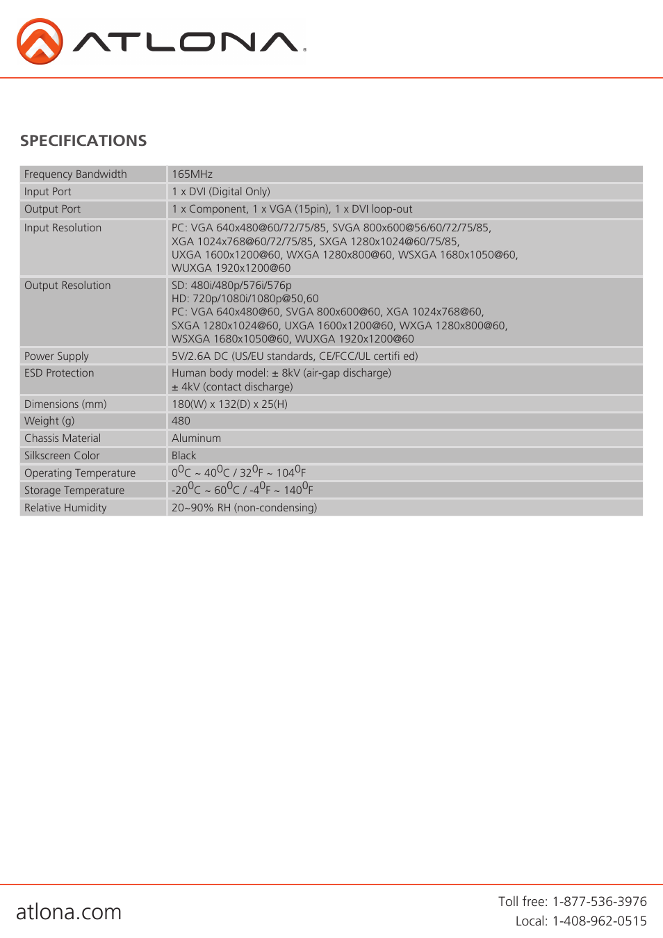 Specifications | Atlona AT PC530 User Manual | Page 4 / 11