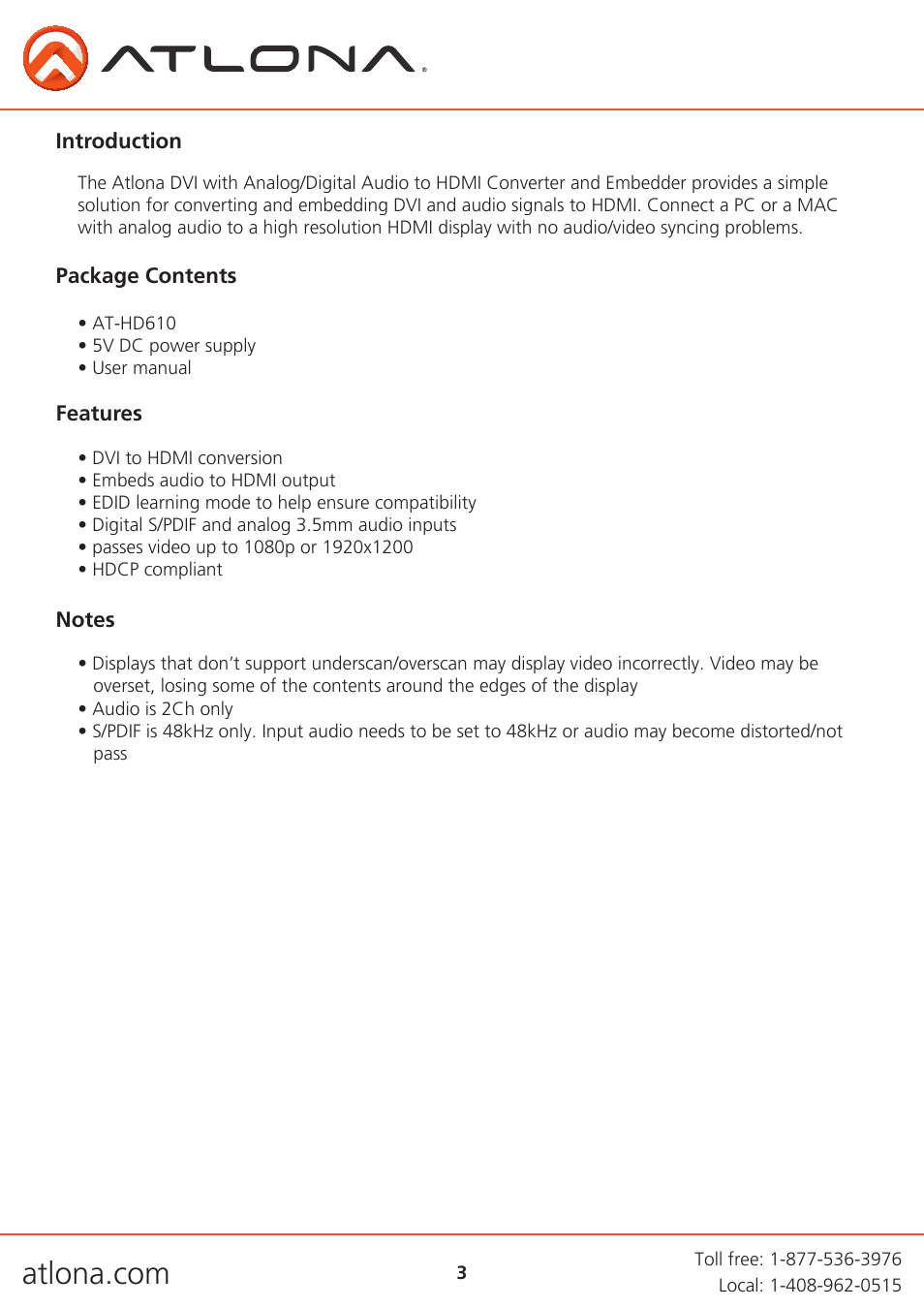 Atlona AT HD610 V2 User Manual | Page 3 / 9