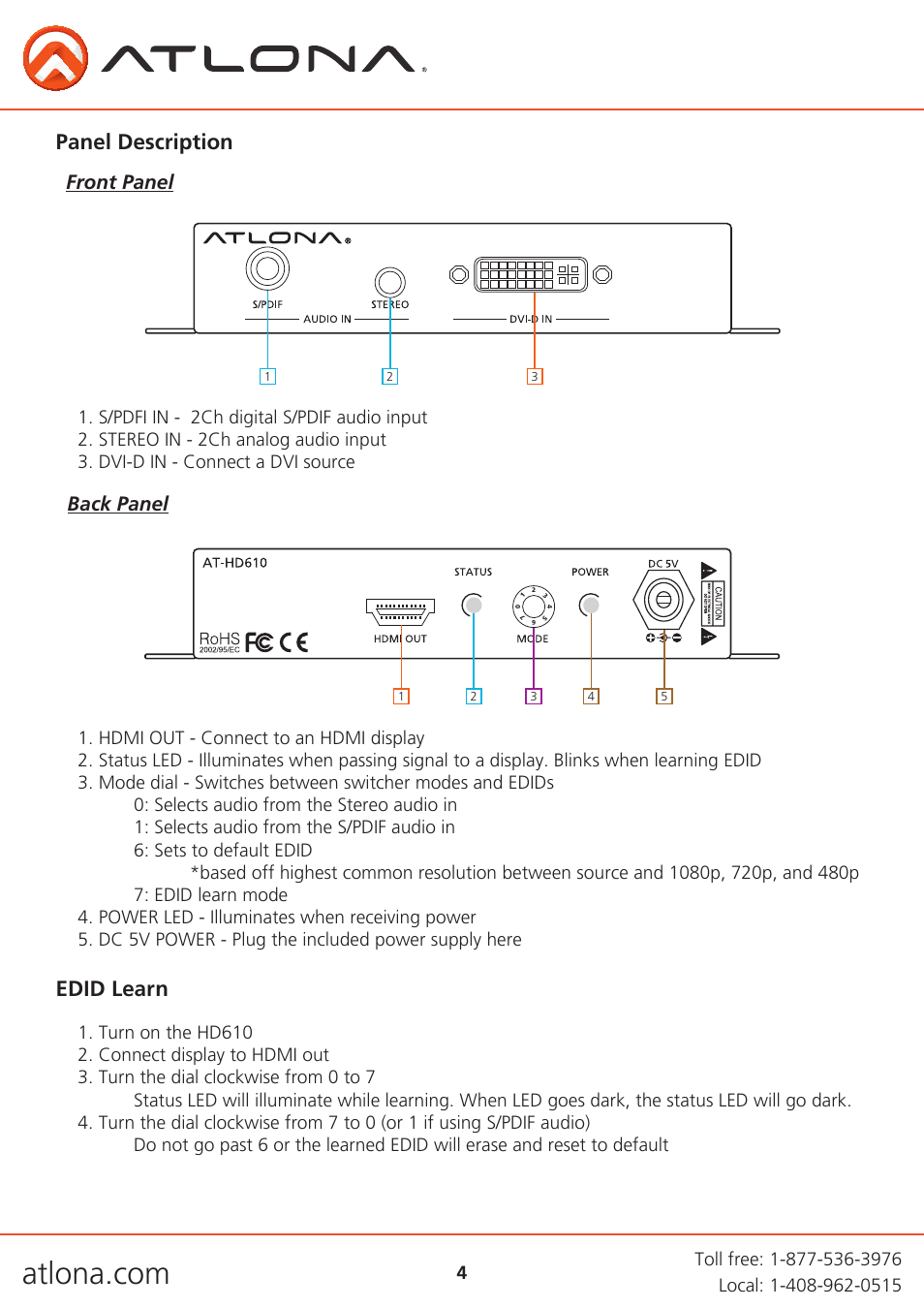 Panel description, Edid learn, Front panel back panel | Atlona AT HD610 V2 User Manual | Page 4 / 9