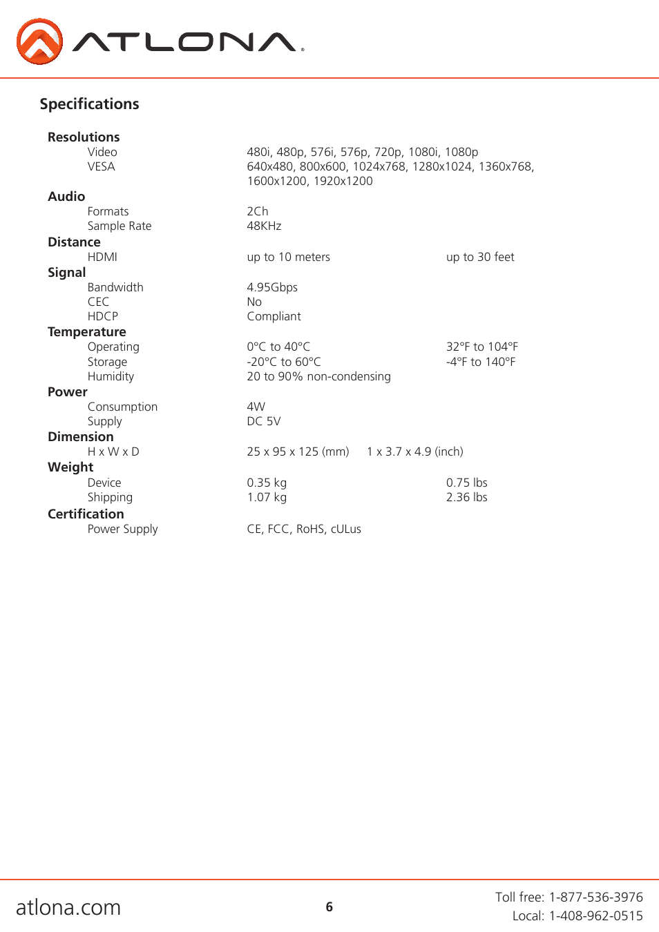 Specifications | Atlona AT HD610 V2 User Manual | Page 6 / 9