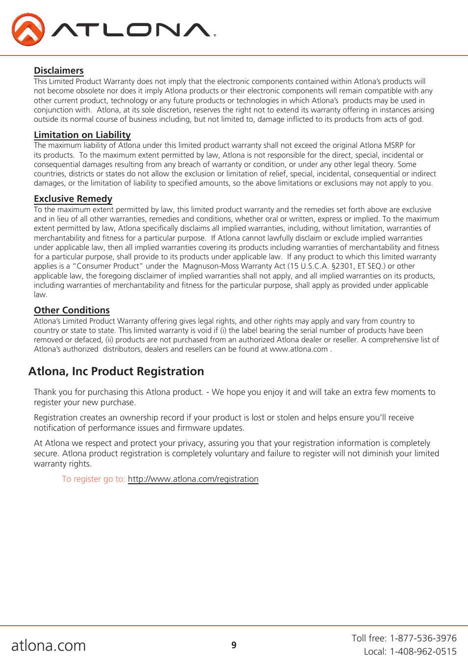 Atlona, inc product registration | Atlona AT HD610 V2 User Manual | Page 9 / 9