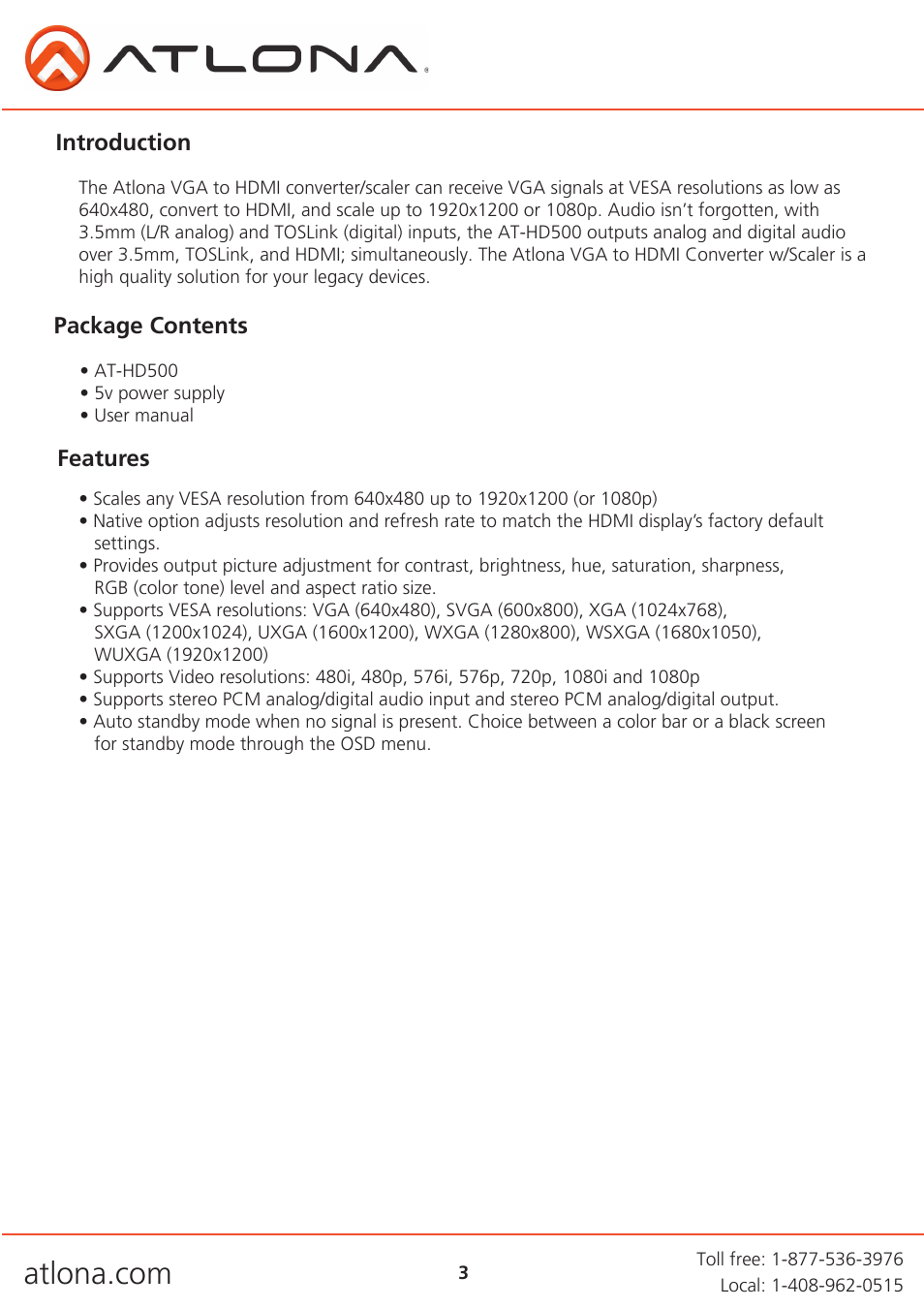 Atlona AT HD500 User Manual | Page 3 / 11