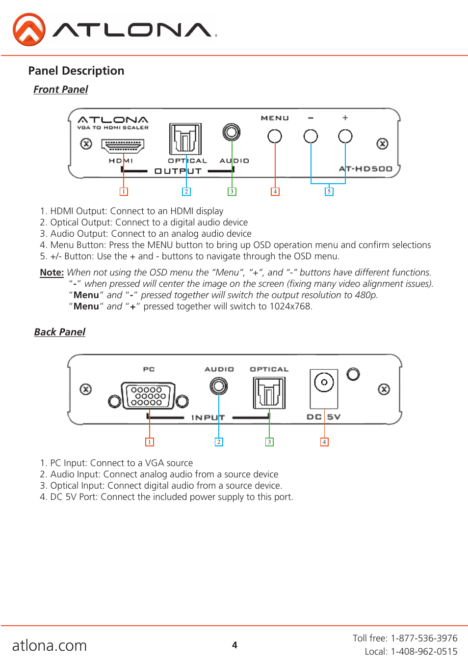 Panel description | Atlona AT HD500 User Manual | Page 4 / 11