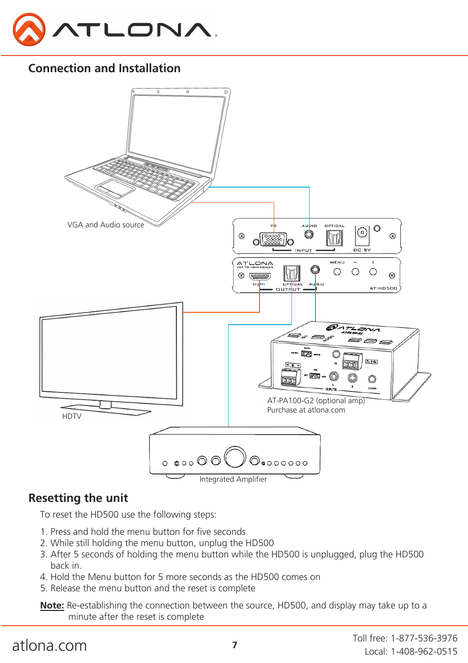 Connection and installation, Resetting the unit | Atlona AT HD500 User Manual | Page 7 / 11