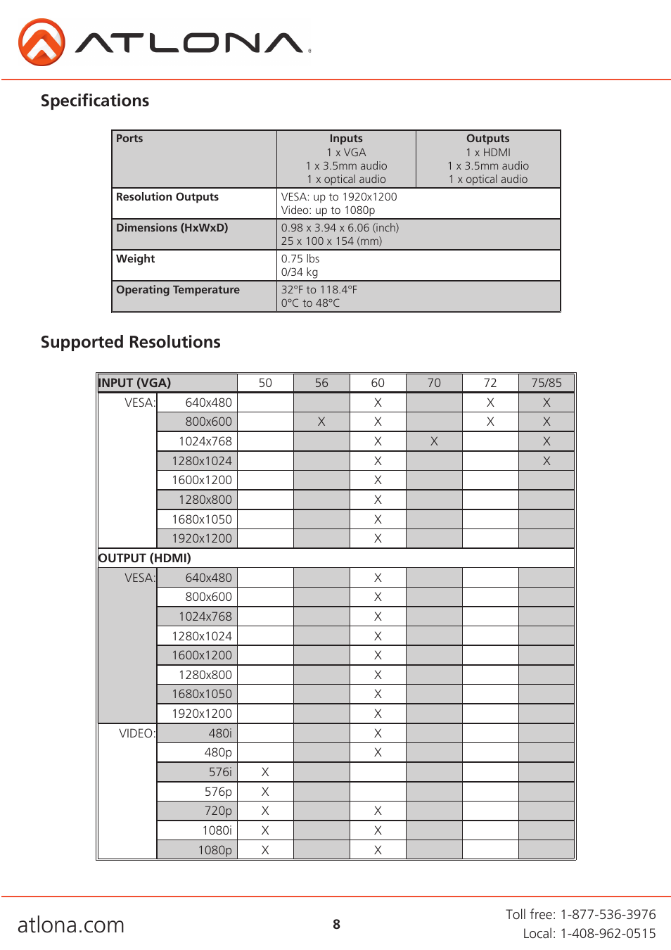 Supported resolutions, Specifications | Atlona AT HD500 User Manual | Page 8 / 11