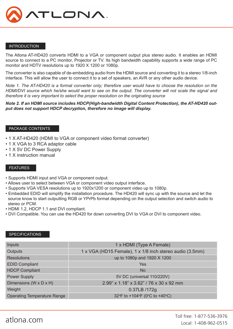 Atlona AT HD420 User Manual | Page 3 / 8