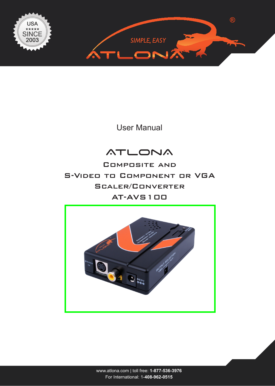 Atlona AT AVS100 User Manual | 8 pages