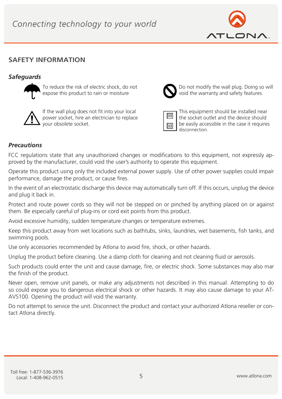 Safety information | Atlona AT AVS100 Web V2 User Manual | Page 6 / 8