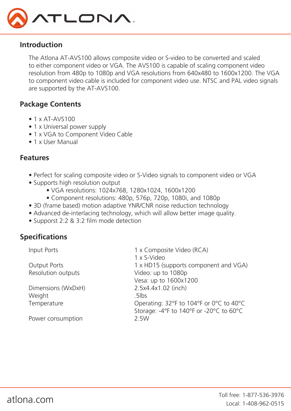 Introduction, Package contents features, Specifications | Atlona AT AVS100 V3 User Manual | Page 3 / 8