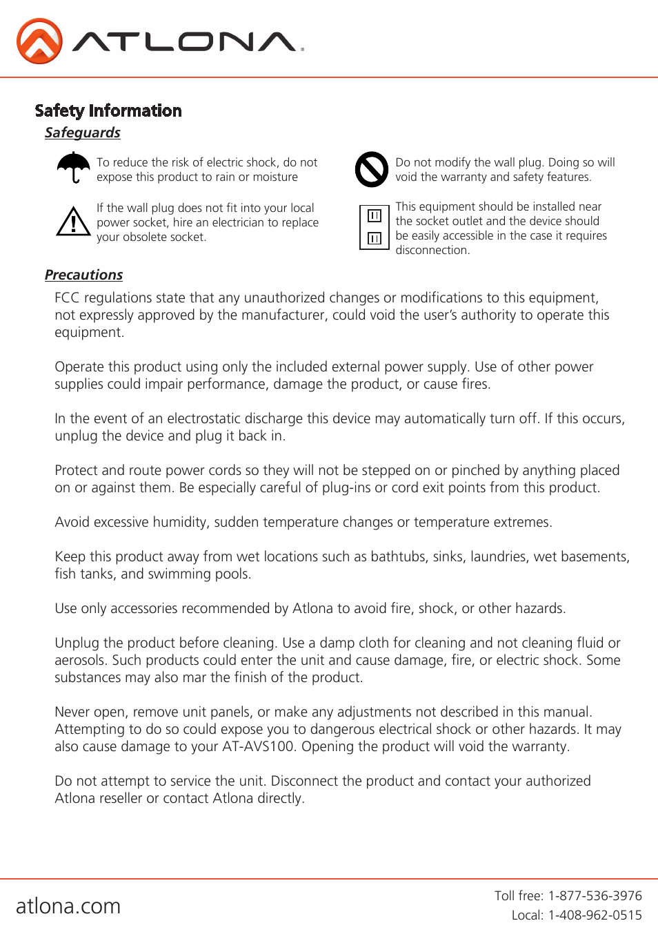 Safety information | Atlona AT AVS100 V3 User Manual | Page 6 / 8