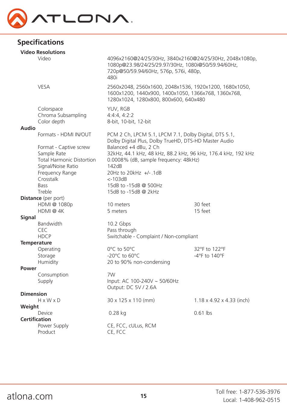 Specifications | Atlona AT UHD M2C BAL User Manual | Page 15 / 18