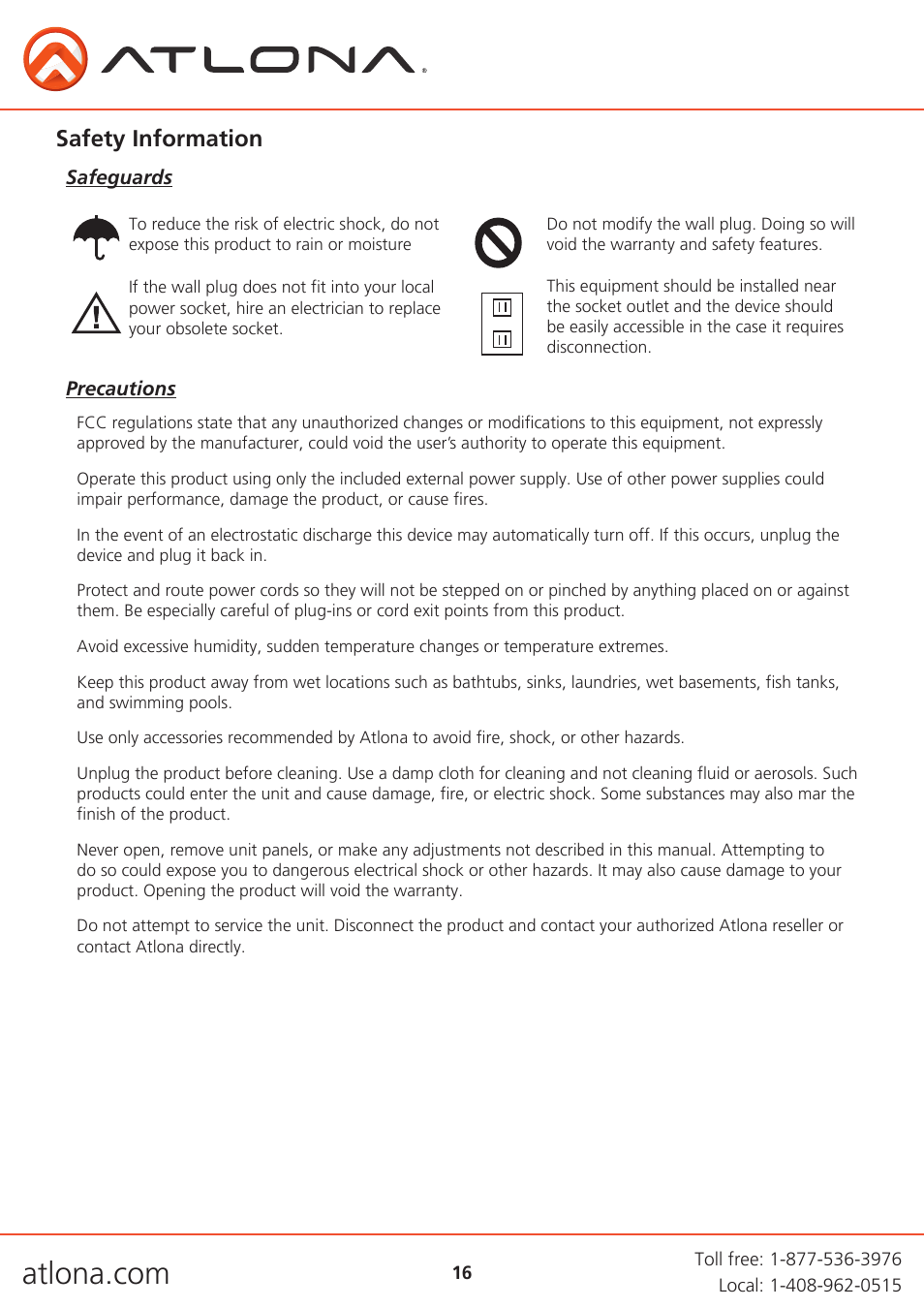 Safety information | Atlona AT UHD M2C BAL User Manual | Page 16 / 18