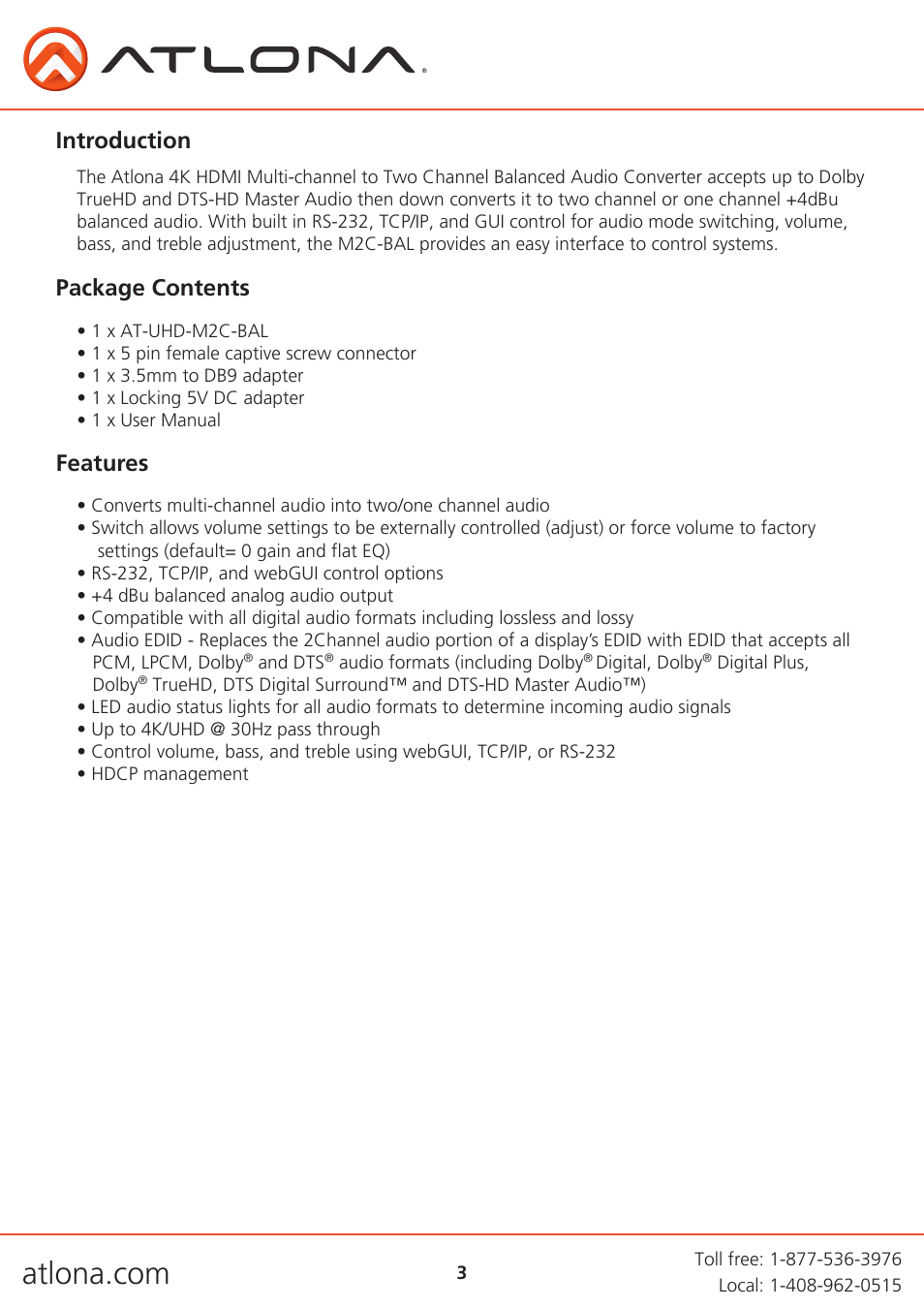 Introduction, Package contents features | Atlona AT UHD M2C BAL User Manual | Page 3 / 18